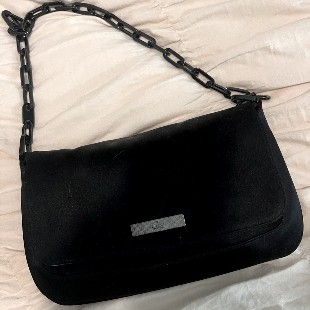 Authentic satin chain flag shoulder bag Gucci